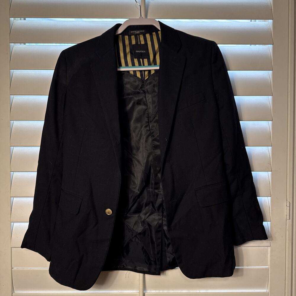 Nautica Womens Navy Blue Blazer Jacket Gold Logo Buttons Missing 1 Button Sz 18